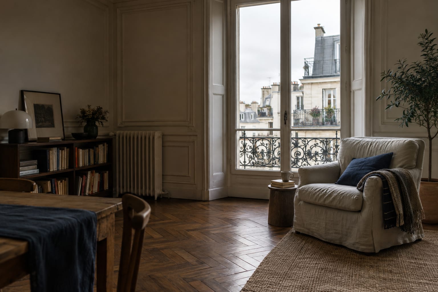 Salon haussmannien ouvert sur les toits parisiens, parquet à chevrons et fauteuil de lin