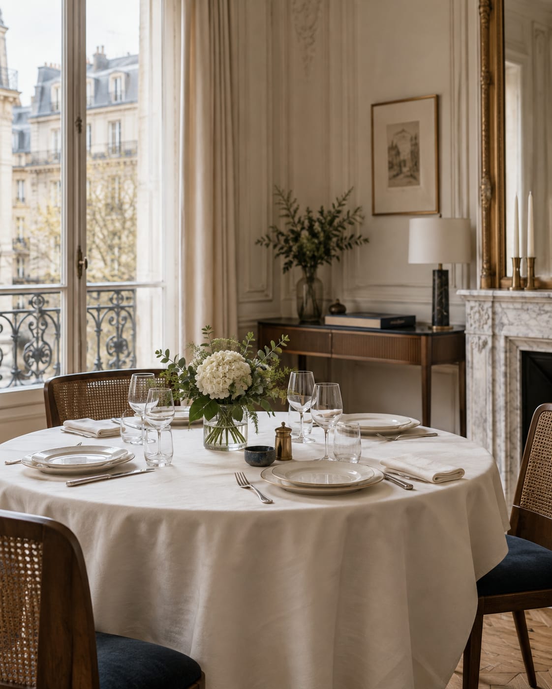 Table dressée pour un repas de famille dans un appartement parisien